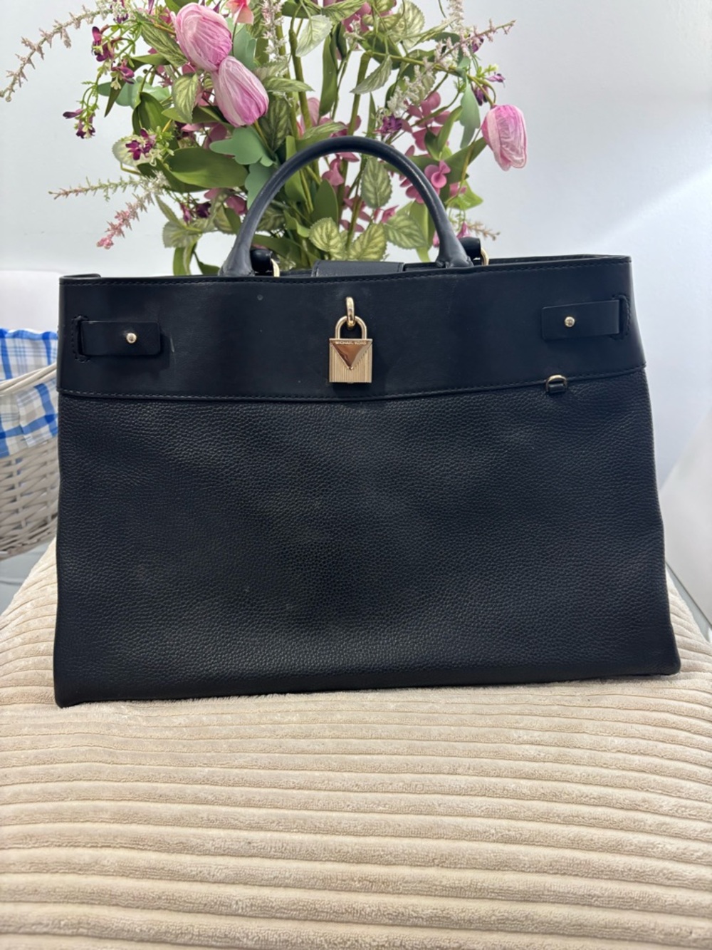 Michael Kora Black Leather Top-Handle Tote with Gold Lock
